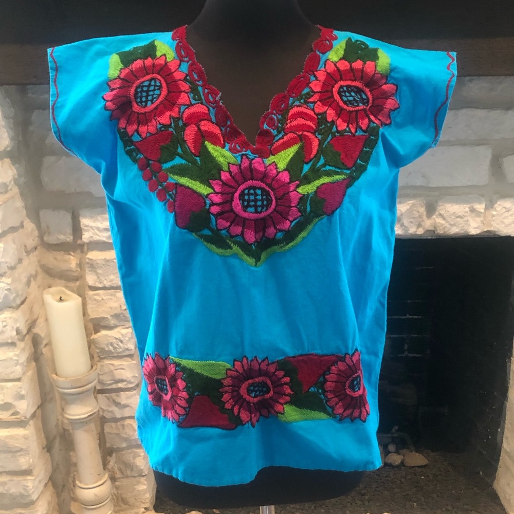 Brightly Colored Embroidered Mexican Blouse, Boho, Ethnic, Festival